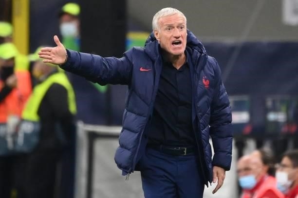 France's coach Didier Deschamps gestures during the Nations League final football match between Spain and France at San Siro stadium in Milan, on...