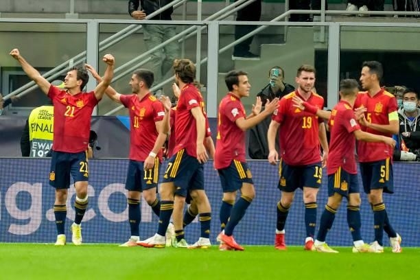 Mikel Oyarzabal of Spain celebrates after scoring his team's first goal with teammates during the UEFA Nations League Final match between the Spain...