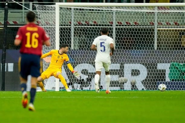Mikel Oyarzabal of Spain scores his team's first goal during the UEFA Nations League Final match between the Spain and France at San Siro Stadium on...