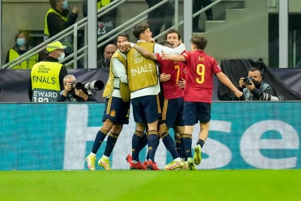 Mikel Oyarzabal of Spain celebrates after scoring his team's first goal with teammates during the UEFA Nations League Final match between the Spain...