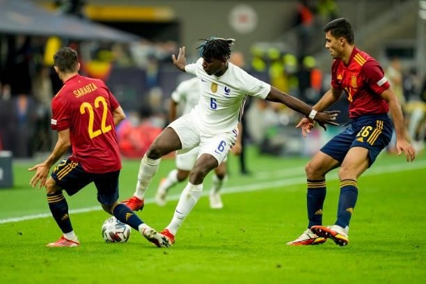 Pablo Sarabia of Spain, Paul Pogba of France and Rodri of Spain battle for the ball during the UEFA Nations League Final match between the Spain and...