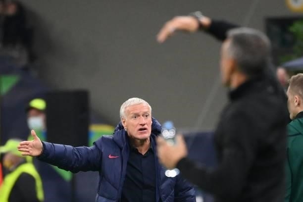 France's coach Didier Deschamps gestures during the Nations League final football match between Spain and France at San Siro stadium in Milan, on...