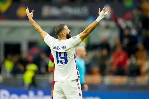 Karim Benzema of France celebrates his team's second goal during the UEFA Nations League Final match between the Spain and France at San Siro Stadium...