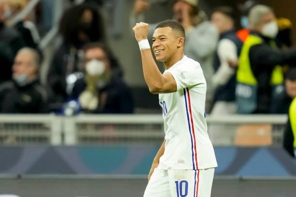 Kylian Mbappe of France celebrates after scoring his team's second goal during the UEFA Nations League Final match between the Spain and France at...