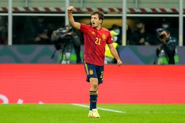 Mikel Oyarzabal of Spain celebrates after scoring his team's first goal during the UEFA Nations League Final match between the Spain and France at...