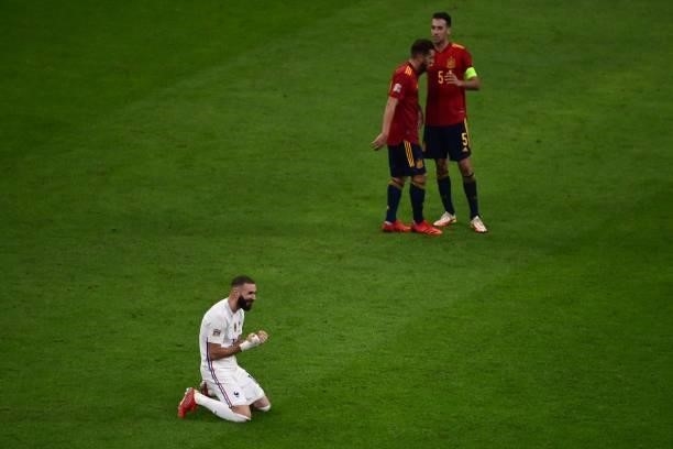 France's forward Karim Benzema celebrates at the end of the Nations League final football match between Spain and France at San Siro stadium in...