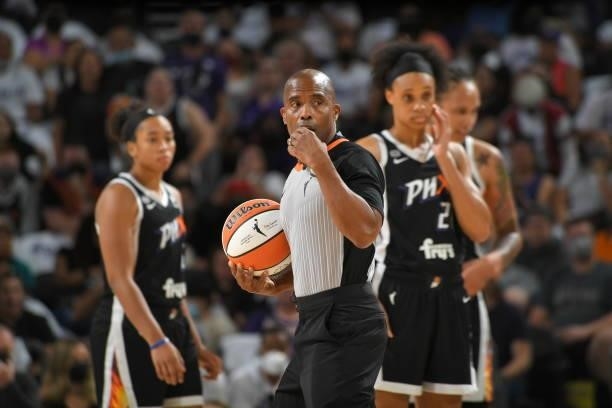 Official Eric Brewton looks on during the Phoenix Mercury game against the Chicago Sky during Game One of the 2021 WNBA Finals on October 10, 2021 at...