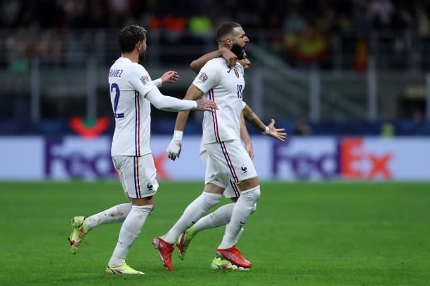 Karim Benzema of France celebrates after scoring his team's first goal during the UEFA Nations League Final match between the Spain and France at San...