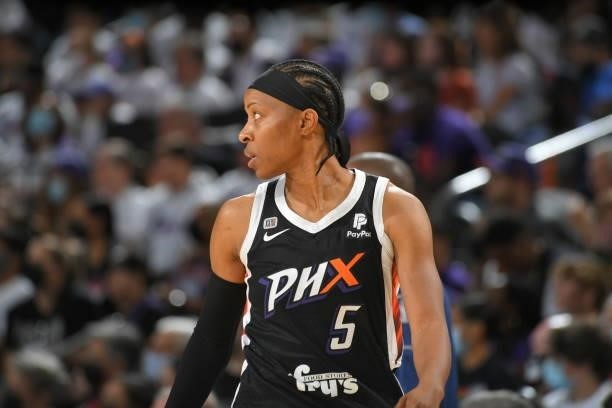 Shey Peddy of the Phoenix Mercury looks on during the game against the Chicago Sky during Game One of the 2021 WNBA Finals on October 10, 2021 at...