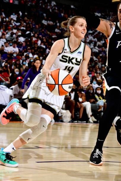 Allie Quigley of the Chicago Sky drives to the basket against the Phoenix Mercury during Game One of the 2021 WNBA Finals on October 10, 2021 at...