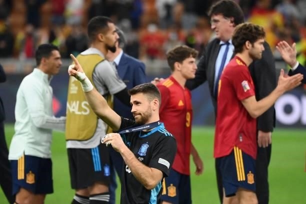 Spain's goalkeeper Unai Simon reacts at the end of the Nations League final football match between Spain and France at San Siro stadium in Milan, on...