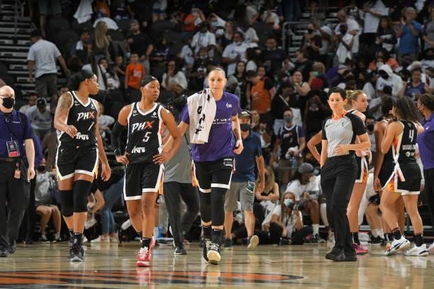 Diana Taurasi of the Phoenix Mercury runs off the court after the game against the Chicago Sky during Game One of the 2021 WNBA Finals on October 10,...
