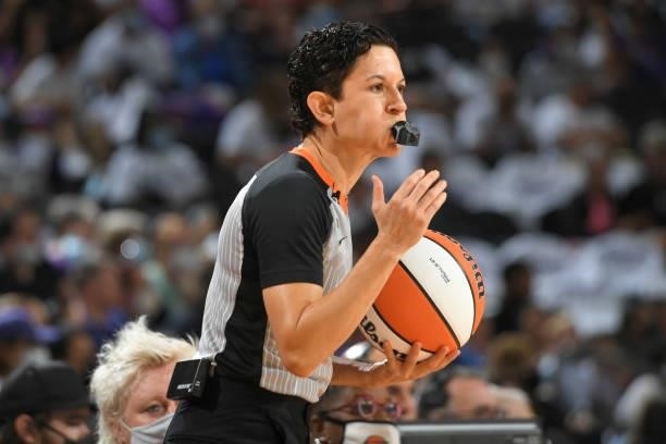 Official Cheryl Flores blows blows her whistle during the Phoenix Mercury game against the Chicago Sky during Game One of the 2021 WNBA Finals on...