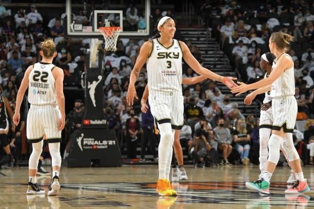 Candace Parker of the Chicago Sky smiles during the game against the Phoenix Mercury during Game One of the 2021 WNBA Finals on October 10, 2021 at...