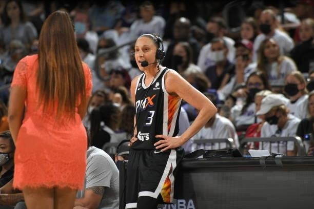 Diana Taurasi of the Phoenix Mercury is interviewed during the game against the Chicago Sky during Game One of the 2021 WNBA Finals on October 10,...