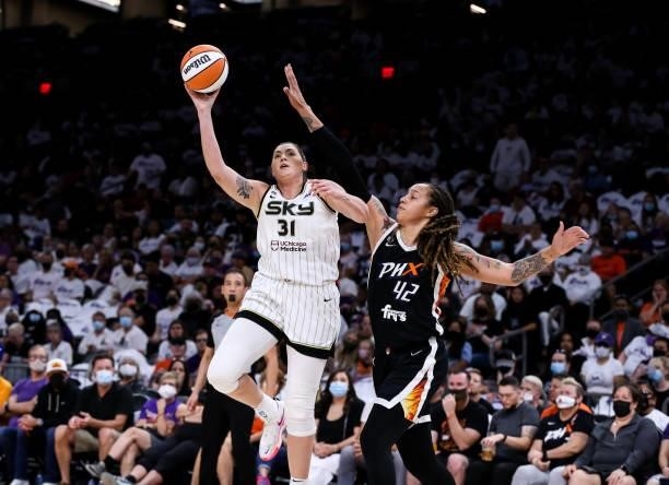 Stefanie Dolson of the Chicago Sky shoots over Brittney Griner of the Phoenix Mercury in the second half at Footprint Center on October 10, 2021 in...