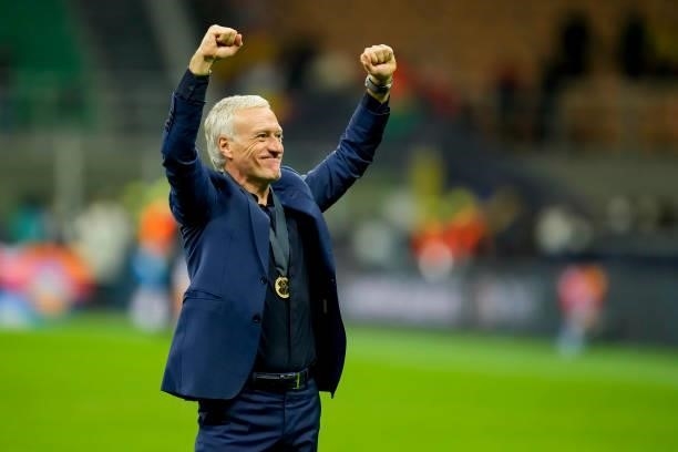 Head coach Didier Deschamps of France celebrate after winning the UEFA Nations League Final match between the Spain and France at San Siro Stadium on...