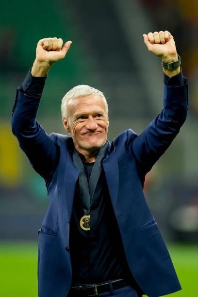 Head coach Didier Deschamps of France celebrate after winning the UEFA Nations League Final match between the Spain and France at San Siro Stadium on...