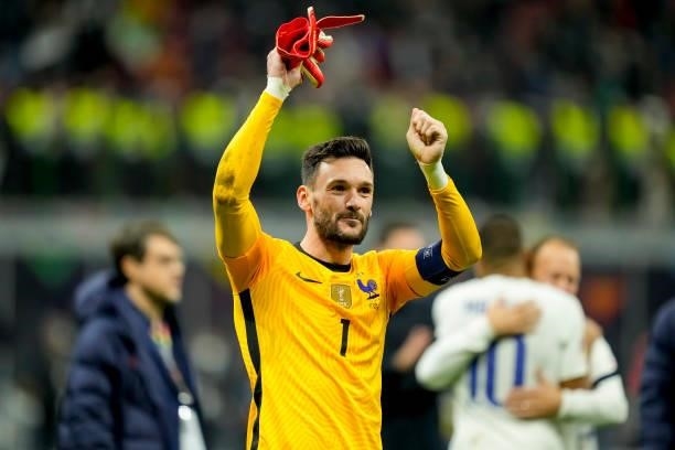 Goalkeeper Hugo Lloris of France celebrate after winning the UEFA Nations League Final match between the Spain and France at San Siro Stadium on...