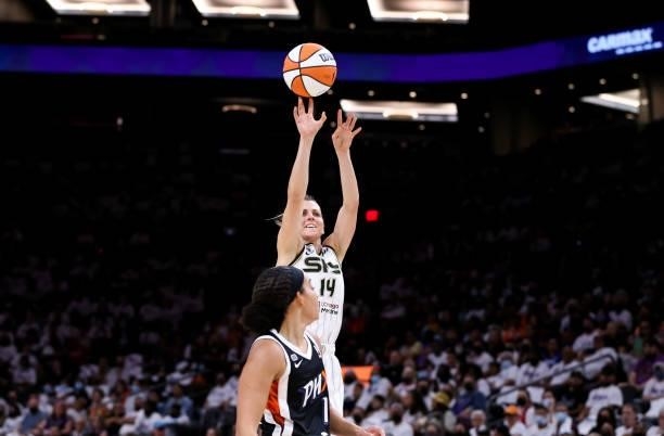 Allie Quigley of the Chicago Sky shoots over Brianna Turner of the Phoenix Mercury in the second half at Footprint Center on October 10, 2021 in...