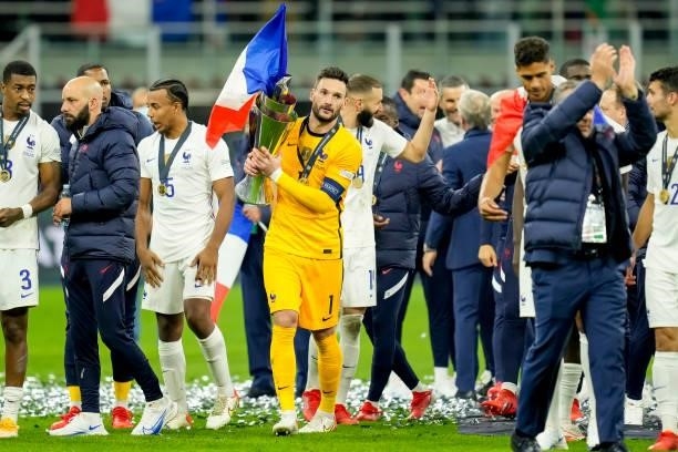 Goalkeeper Hugo Lloris of France celebrate with the trophy after winning the UEFA Nations League Final match between the Spain and France at San Siro...