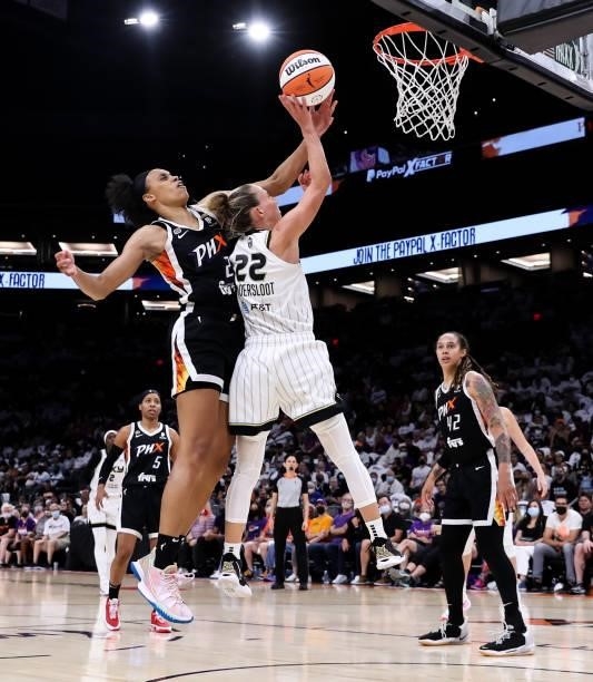Megan Walker of the Phoenix Mercury blocks the shot attempt by Courtney Vandersloot of the Chicago Sky in the second half at Footprint Center on...