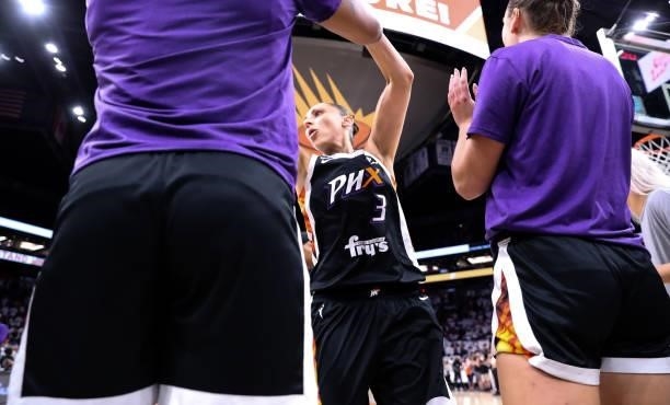 Diana Taurasi of the Phoenix Mercury is introduced prior to the game against the Chicago Sky at Footprint Center on October 10, 2021 in Phoenix,...