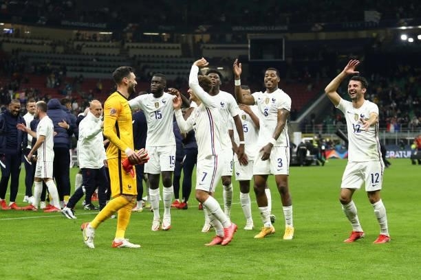 Players of France celebrate after winning the UEFA Nations League Final match between the Spain and France at San Siro Stadium on October 10, 2021 in...