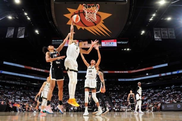 Candace Parker of the Chicago Sky catches the rebound against the Phoenix Mercury during Game One of the 2021 WNBA Finals on October 10, 2021 at...