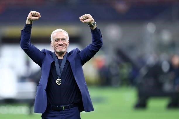 Didier Deschamps, head coach of France celebrate after winning the UEFA Nations League Final match between the Spain and France at San Siro Stadium...