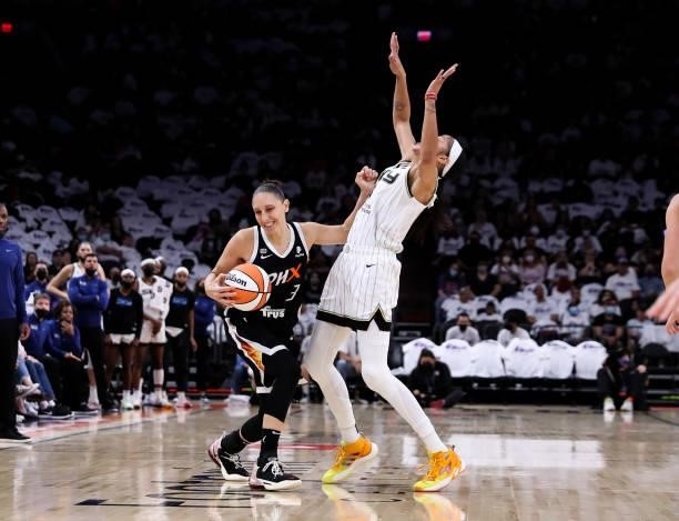 Diana Taurasi of the Phoenix Mercury fouls Candace Parker of the Chicago Sky in the second half at Footprint Center on October 10, 2021 in Phoenix,...