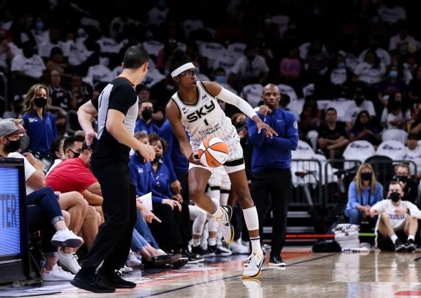 Diamond DeShields of the Chicago Sky saves the ball during the second half against the Phoenix Mercury at Footprint Center on October 10, 2021 in...