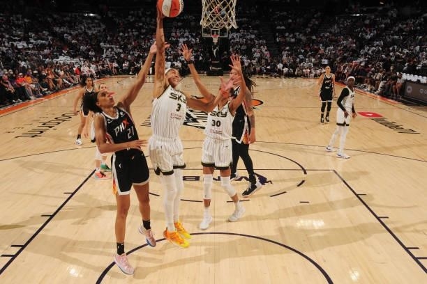 Candace Parker of the Chicago Sky catches the rebound against the Phoenix Mercury during Game One of the 2021 WNBA Finals on October 10, 2021 at...