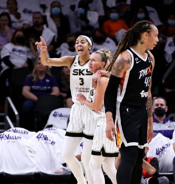 Candace Parker and Courtney Vandersloot of the Chicago Sky react in the second half against the Phoenix Mercury at Footprint Center on October 10,...