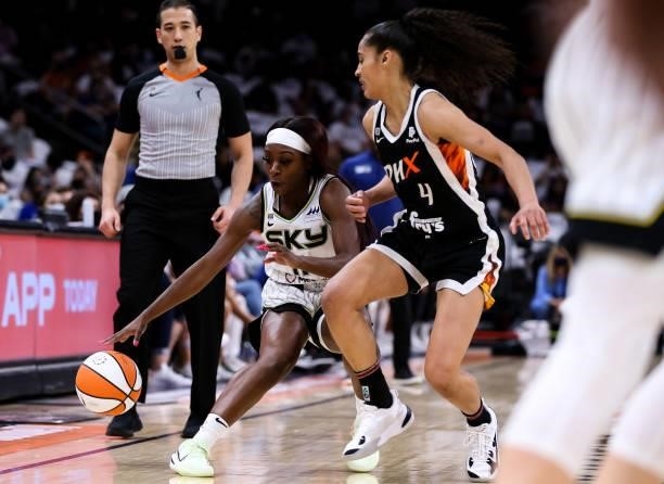 Dana Evans of the Chicago Sky drives to the basket against Skylar Diggins-Smith of the Phoenix Mercury at Footprint Center on October 10, 2021 in...