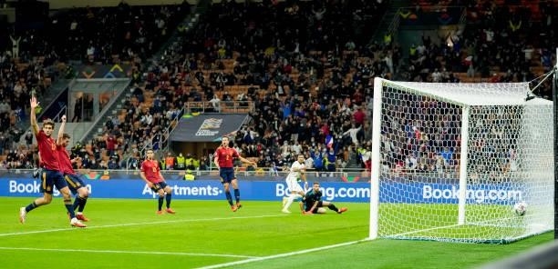Kylian Mbappe of France scores his team's second goal during the UEFA Nations League Final match between the Spain and France at San Siro Stadium on...
