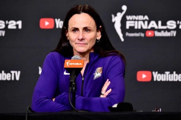 Head Coach Sandy Brondello of the Phoenix Mercury talks to the media after Game One of the 2021 WNBA Finals on October 10, 2021 at Footprint Center...