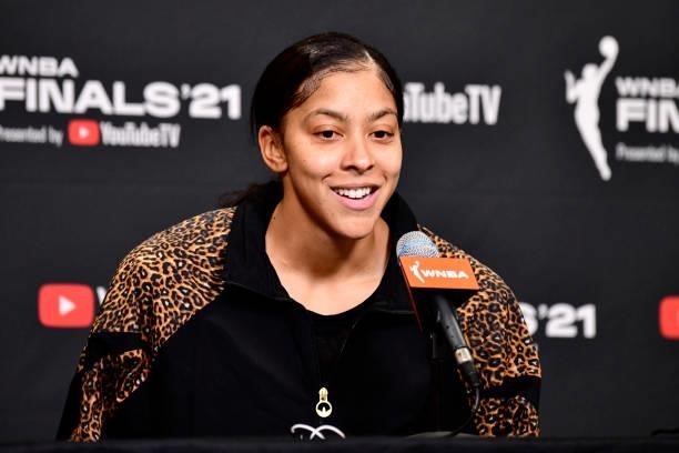 Candace Parker of the Chicago Sky talks to the media after Game One of the 2021 WNBA Finals on October 10, 2021 at Footprint Center in Phoenix,...