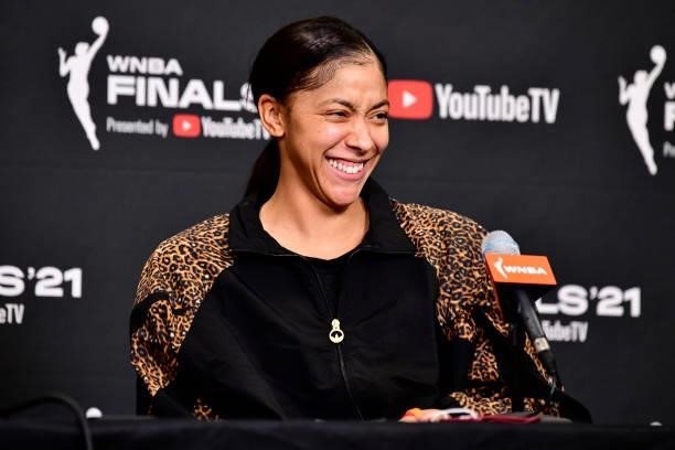 Candace Parker of the Chicago Sky talks to the media after Game One of the 2021 WNBA Finals on October 10, 2021 at Footprint Center in Phoenix,...