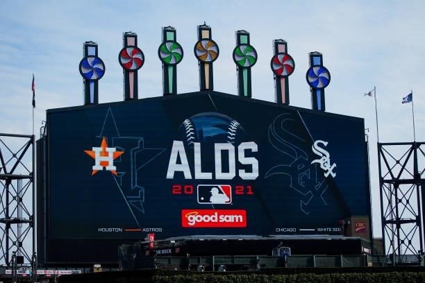 Detail shot of the Guaranteed Rate Field video board prior to Game 3 of the ALDS between the Houston Astros and the Chicago White Sox on Sunday,...