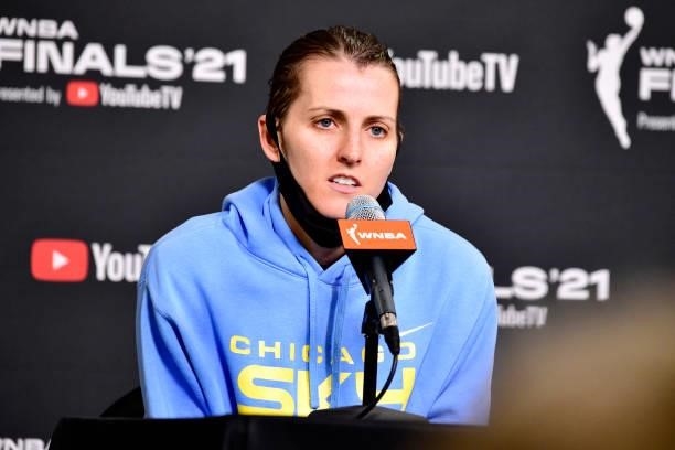 Allie Quigley of the Chicago Sky talks to the media after Game One of the 2021 WNBA Finals on October 10, 2021 at Footprint Center in Phoenix,...
