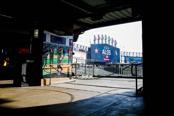 View of the Guaranteed Rate Field video board from the concourse prior to Game 3 of the ALDS between the Houston Astros and the Chicago White Sox on...