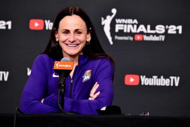 Head Coach Sandy Brondello of the Phoenix Mercury talks to the media after Game One of the 2021 WNBA Finals on October 10, 2021 at Footprint Center...