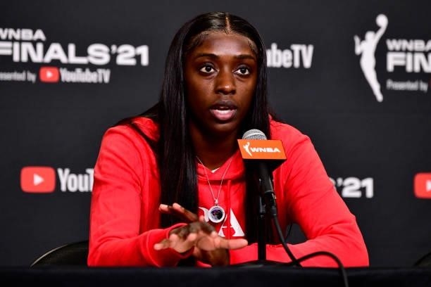 Kahleah Copper of the Chicago Sky talks to the media after Game One of the 2021 WNBA Finals on October 10, 2021 at Footprint Center in Phoenix,...