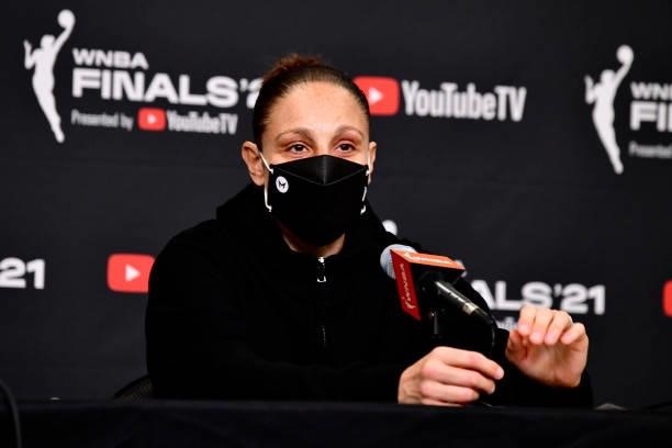 Diana Taurasi of the Phoenix Mercury talks to the media after Game One of the 2021 WNBA Finals on October 10, 2021 at Footprint Center in Phoenix,...