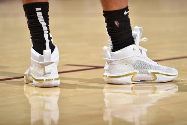 The sneakers worn by Zach LaVine of the Chicago Bulls during a preseason game against the Cleveland Cavaliers on October 10, 2021 at Rocket Mortgage...