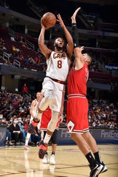 Lamar Stevens of the Cleveland Cavaliers drives to the basket during a preseason game against the Chicago Bulls on October 10, 2021 at Rocket...