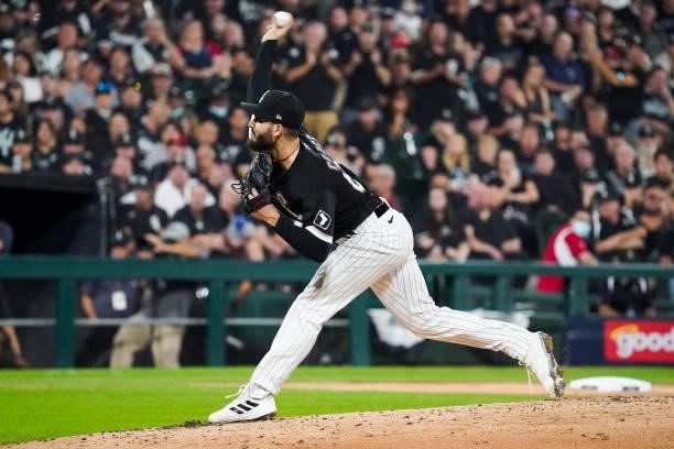 Dylan Cease of the Chicago White Sox pitches during Game 3 of the ALDS between the Houston Astros and the Chicago White Sox at Guaranteed Rate Field...
