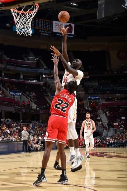 Tacko Fall of the Cleveland Cavaliers shoots the ball during a preseason game against the Chicago Bulls on October 10, 2021 at Rocket Mortgage...