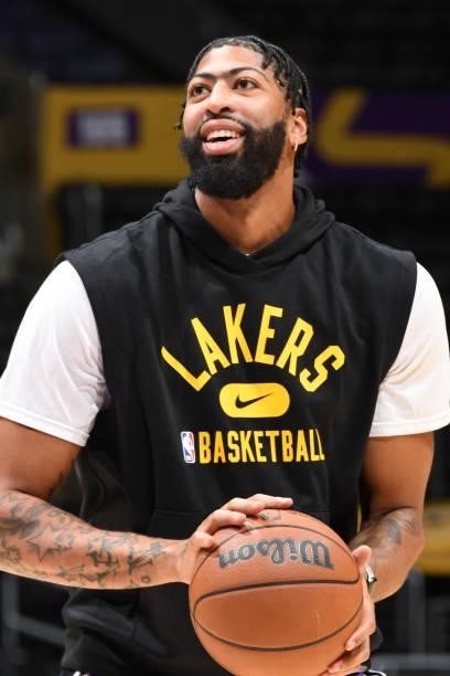 Anthony Davis of the Los Angeles Lakers smiles before a preseason game against the Phoenix Suns on October 10, 2021 at STAPLES Center in Los Angeles,...